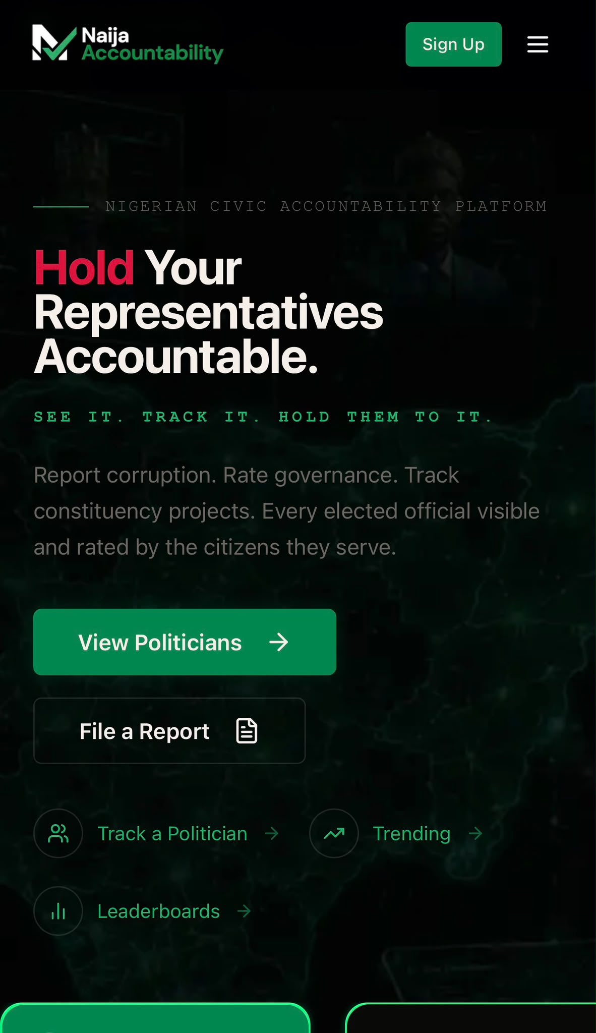 The same Naija Accountability homepage on mobile, reflowed to a single column